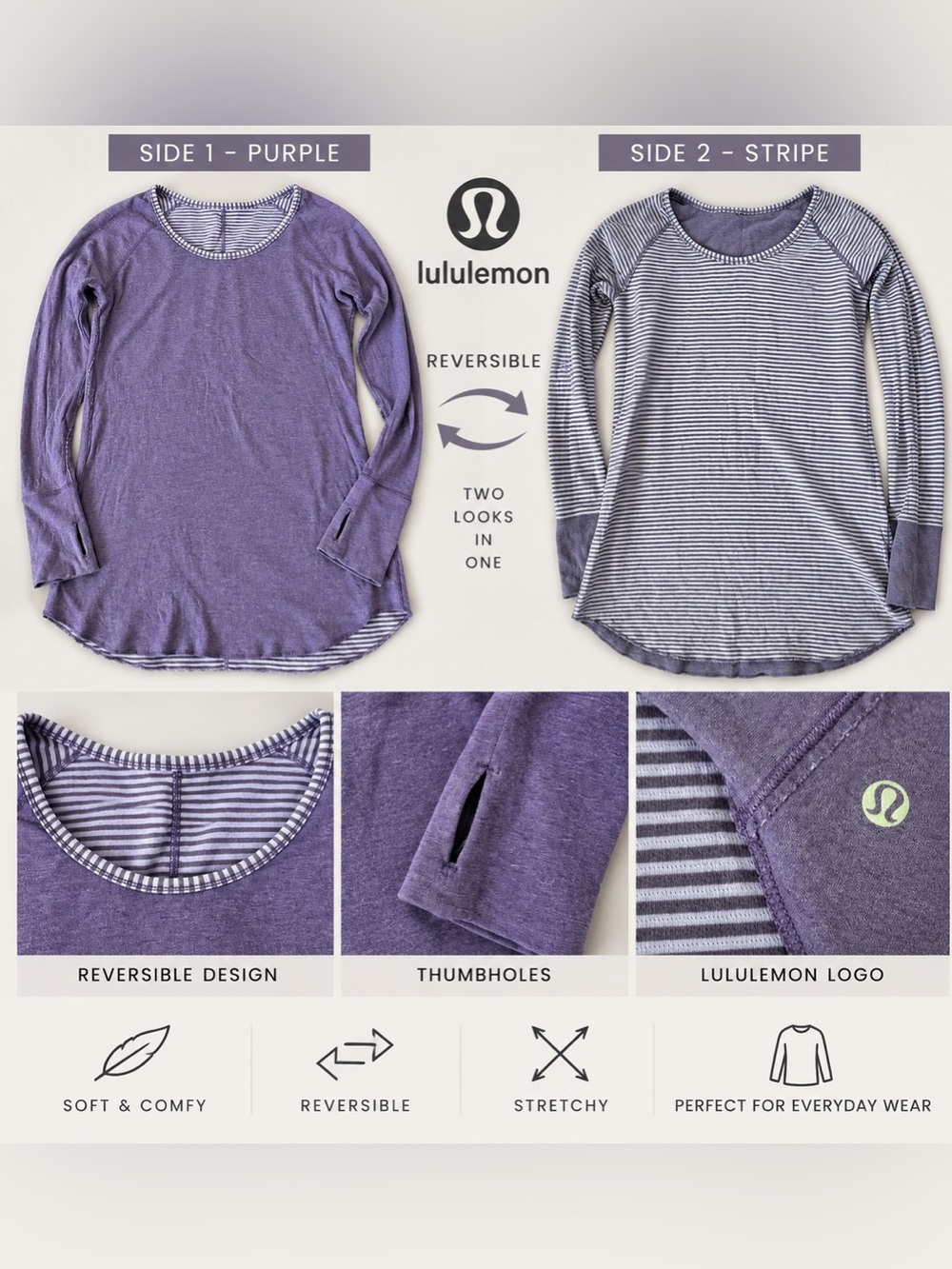 lululemon athletica Reversible Long Sleeve Top — Purple & White Stripe